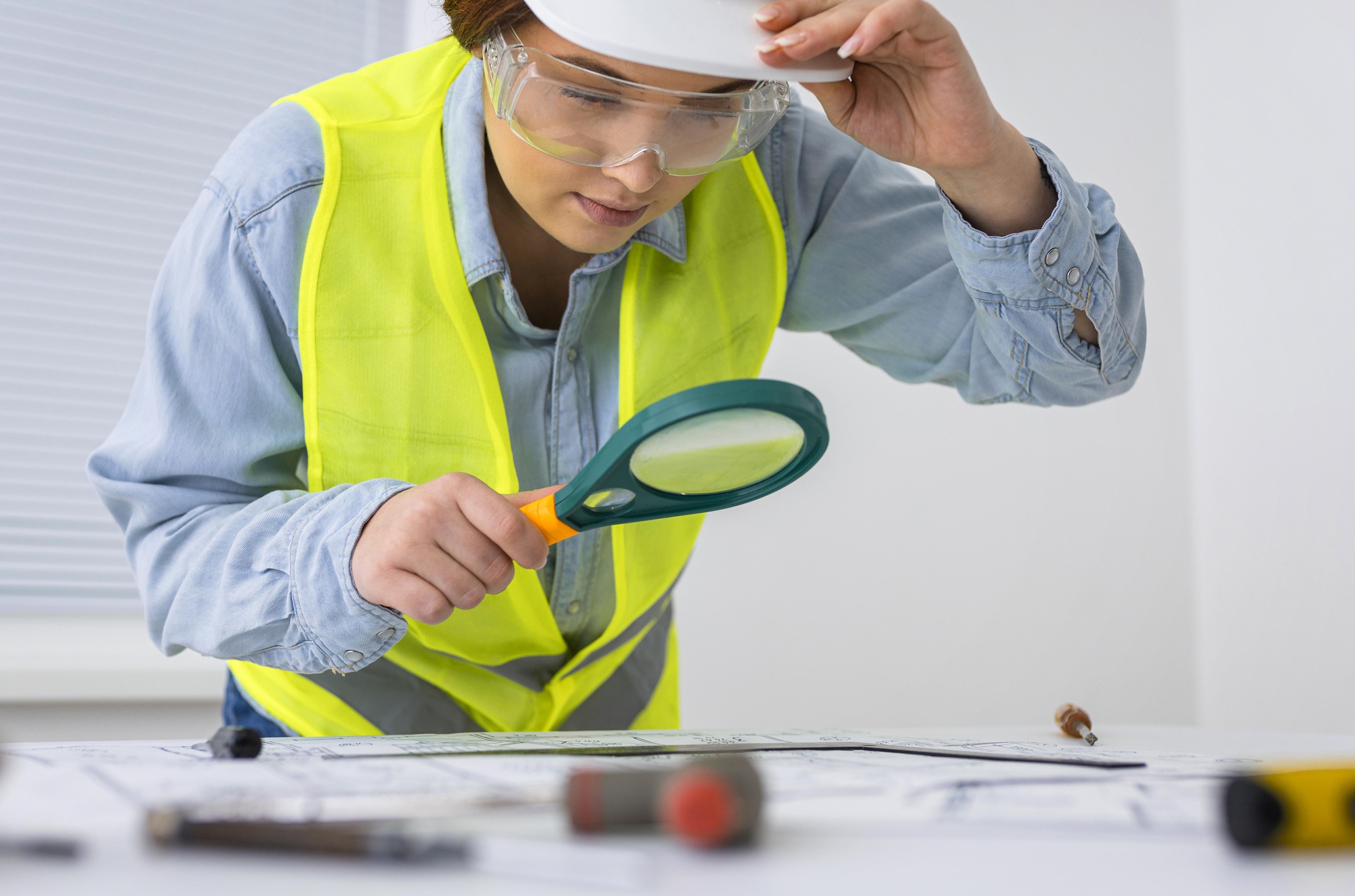 Inspectrice examinant des plans et documents avec une loupe sur un chantier