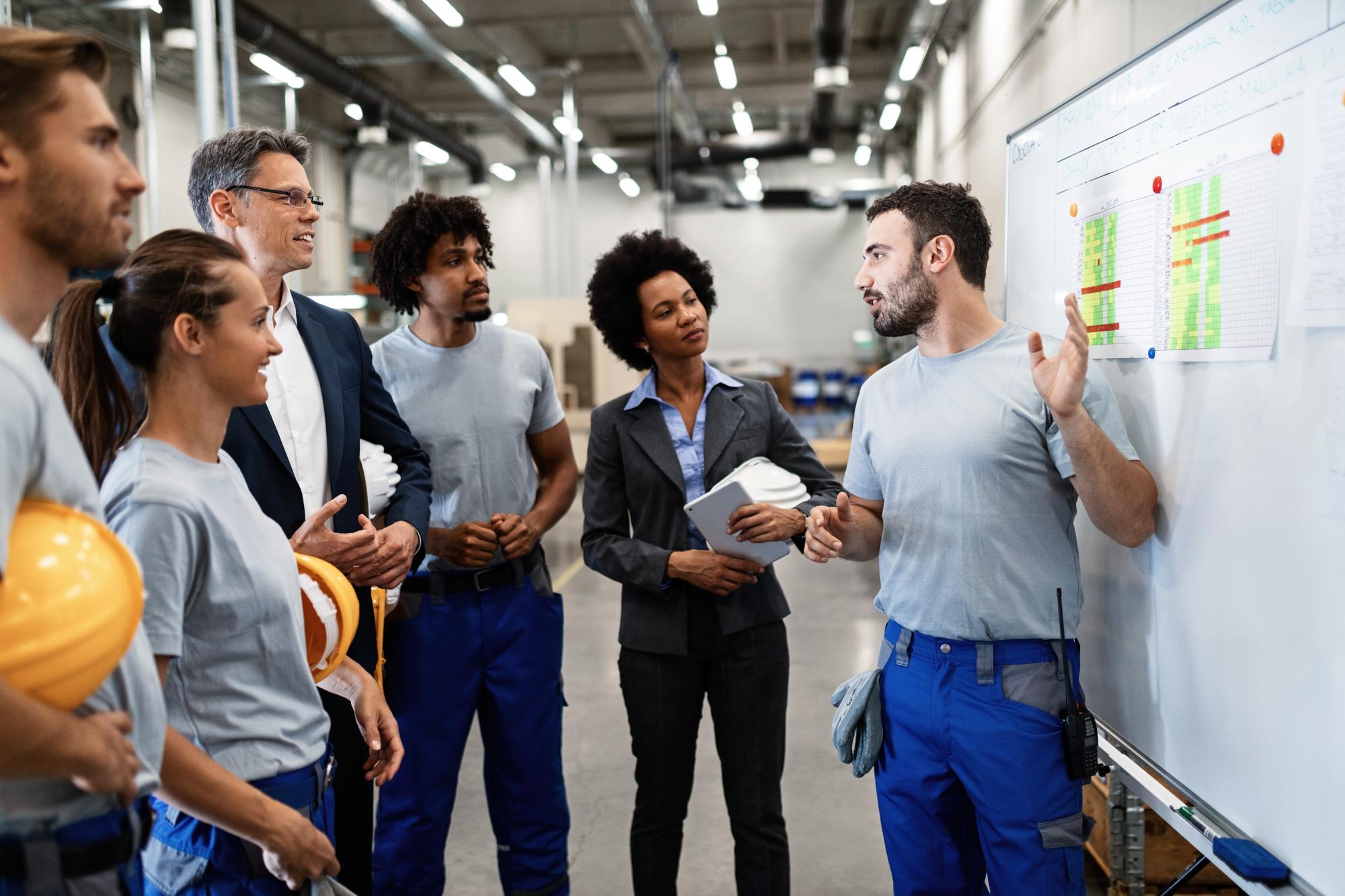 Équipe de production échangeant avec l'encadrement autour d'un tableau de bord sécurité