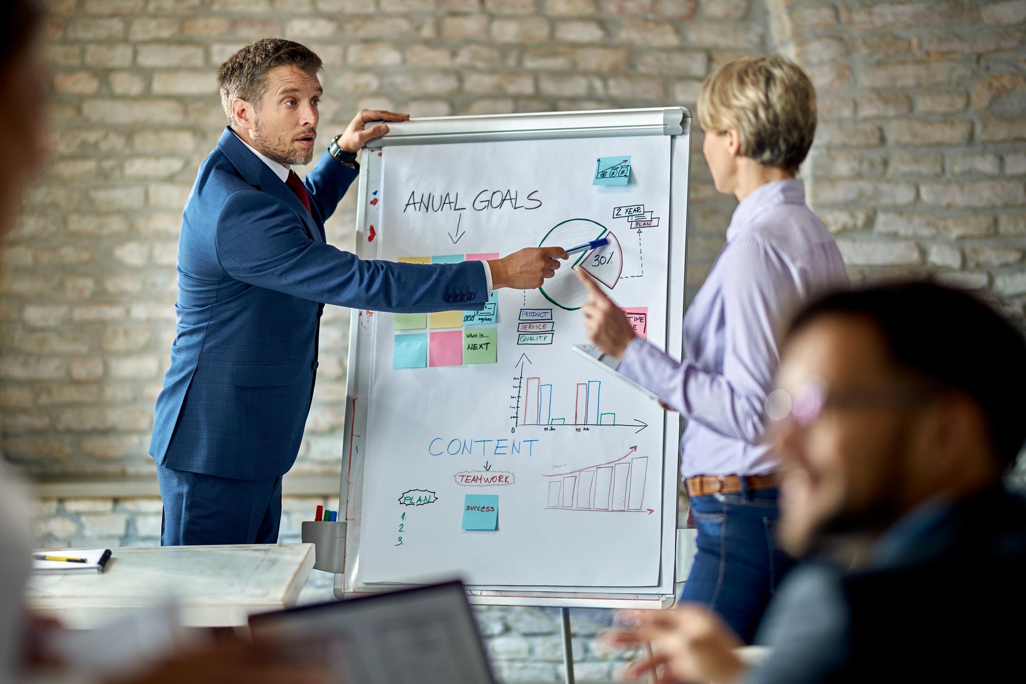 Commercial présentant une stratégie et des chiffres sur un tableau blanc